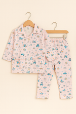 Kids Pajama Night Suit – Light Pink with Rainbow, Airplane & Car Prints