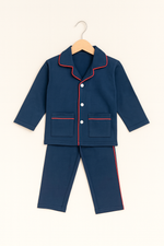 Navy Blue Baby Pajama Set with Red Piping