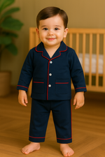 Navy Blue Baby Pajama Set with Red Piping