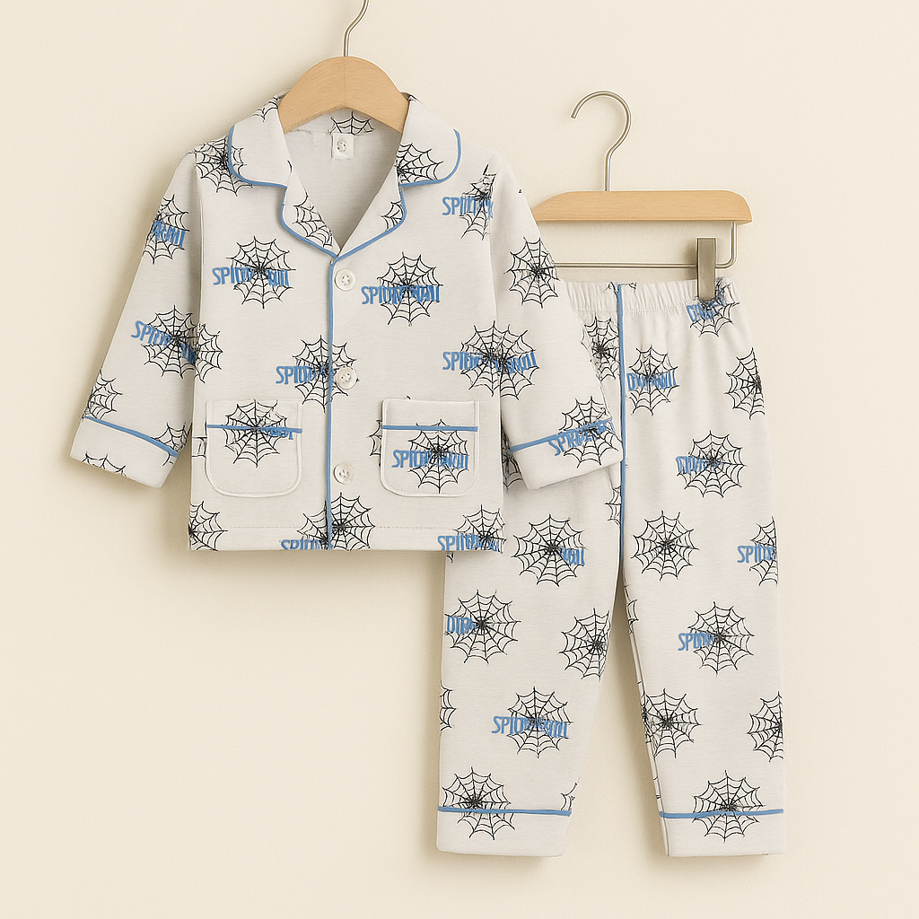 Kids Pajama Night Suit – White with Spider Web Print & Blue Piping
