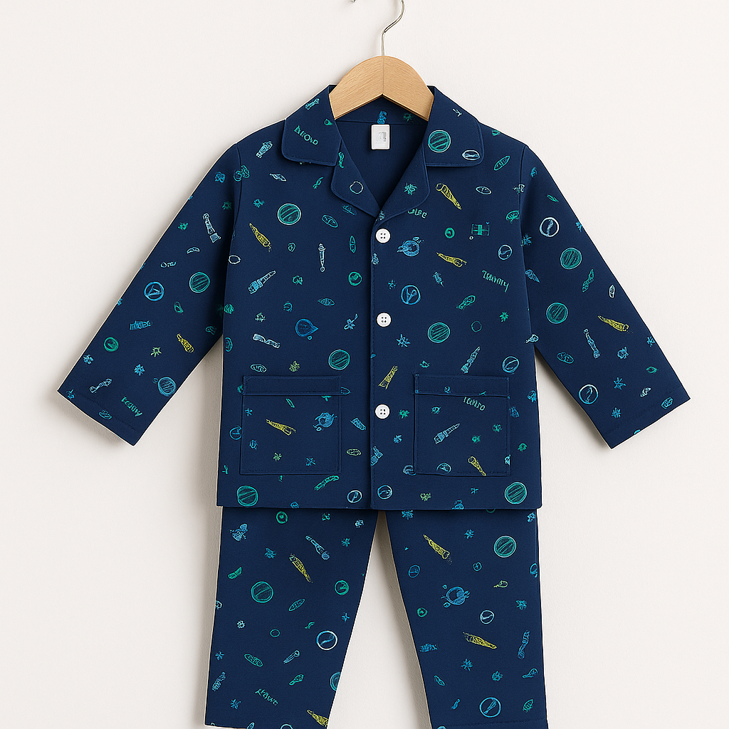 Navy Blue Baby Pajama Set with Space Print