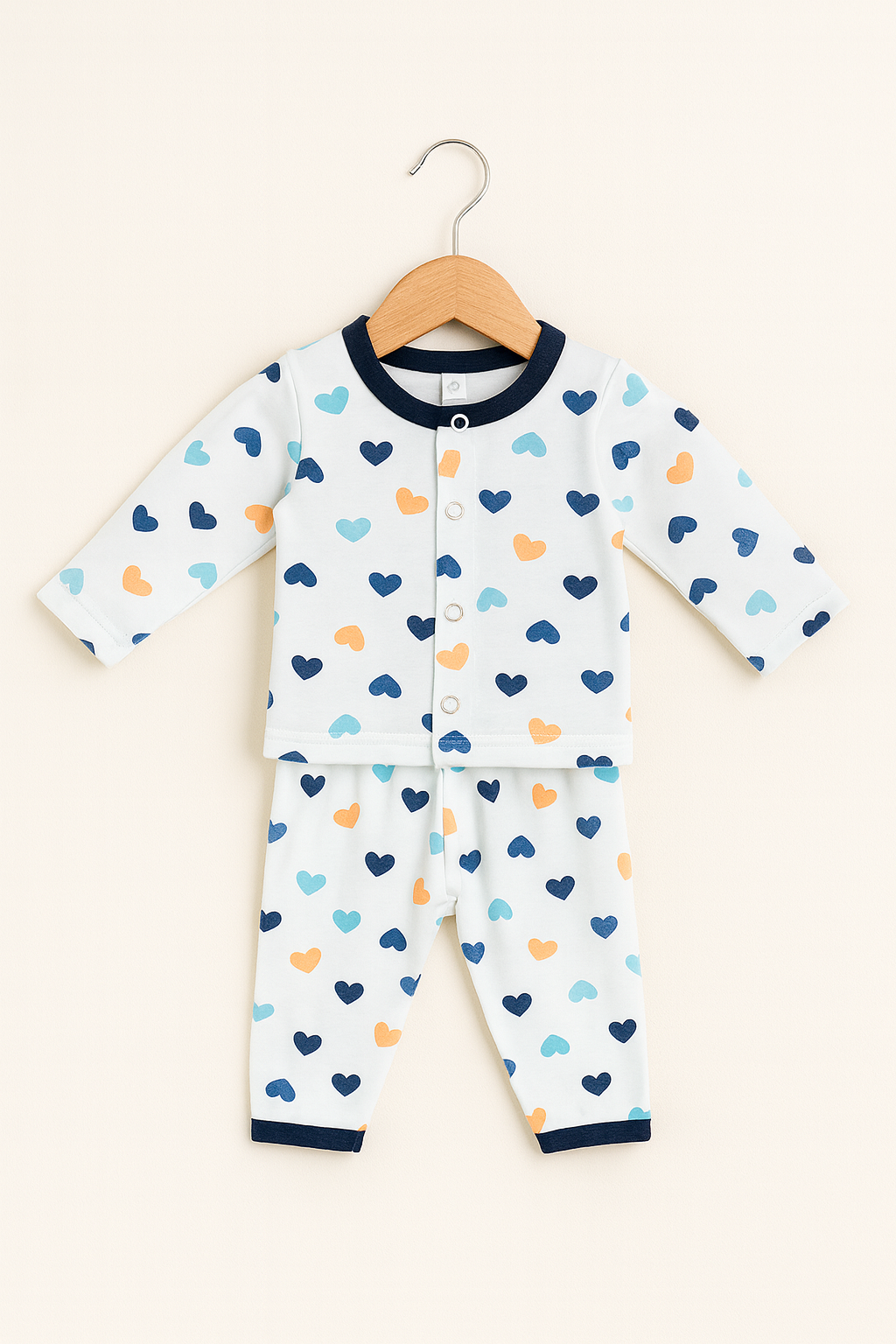 Baby Night Suit – Blue & Orange Heart Print Pajama Set