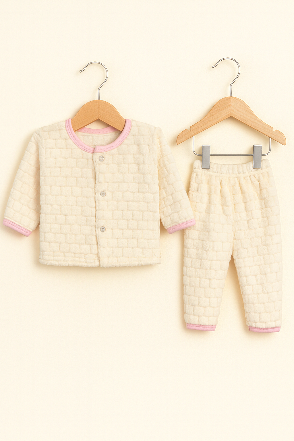 Soft Quilted Baby Winter Pajama Set – Cream with Pink Trim