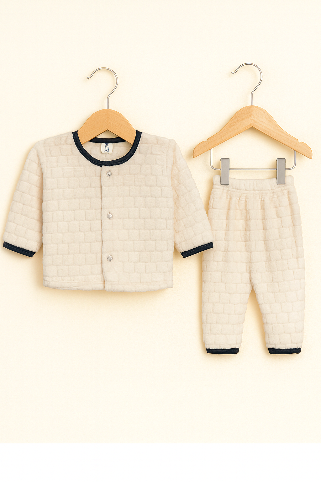 Quilted Baby Winter Pajama Set – Cream with Black Trim