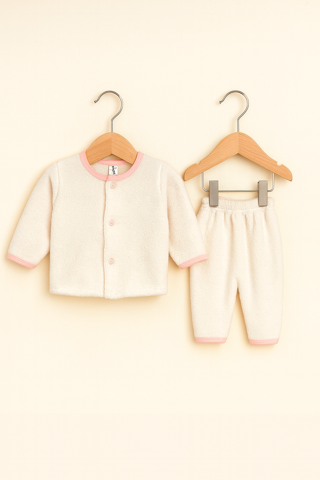 Velour Furr Baby Winter Pajama Set – Cream with Pink Trim