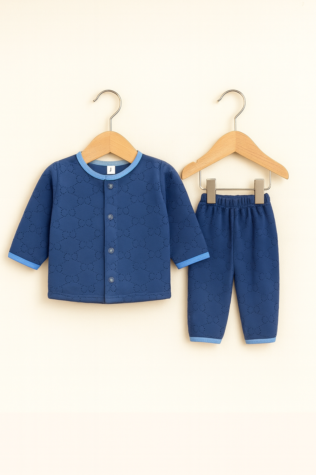 Soft Fleece Baby Pajama Set – Navy Blue with Light Blue Trim