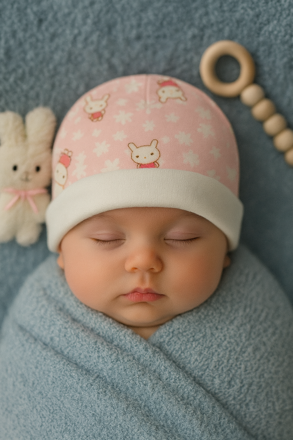 Newborn Cotton Cap – Pink Bunny Print