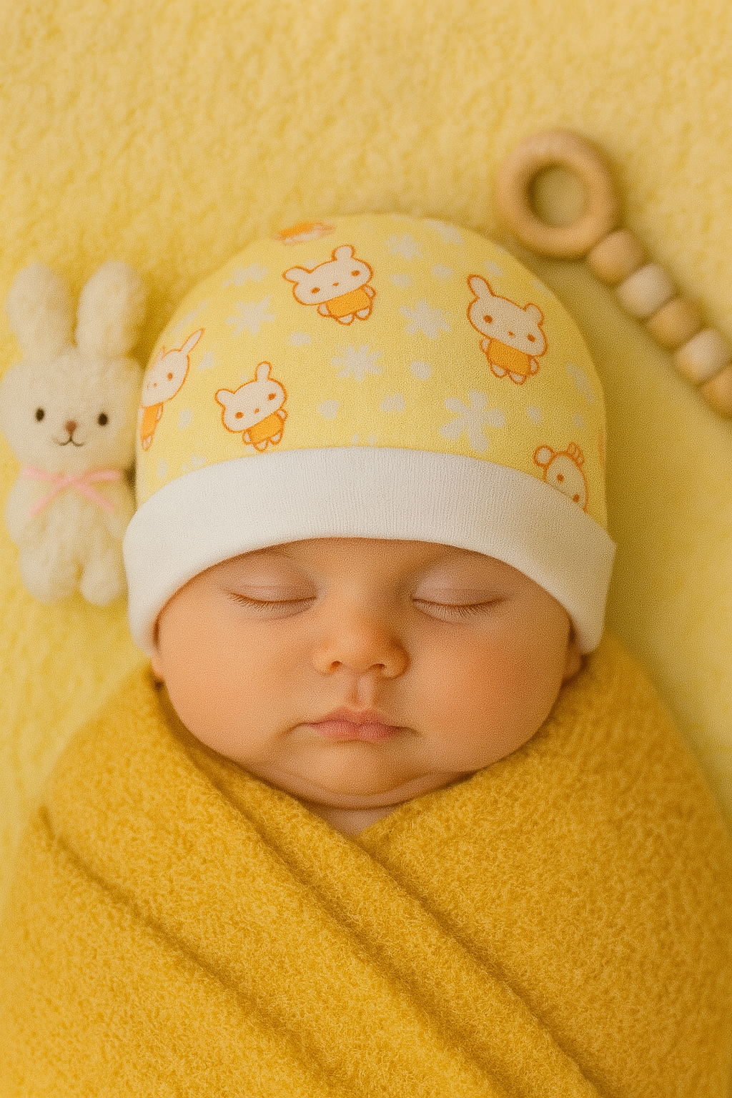 Newborn Cotton Cap – Yellow Bunny Print