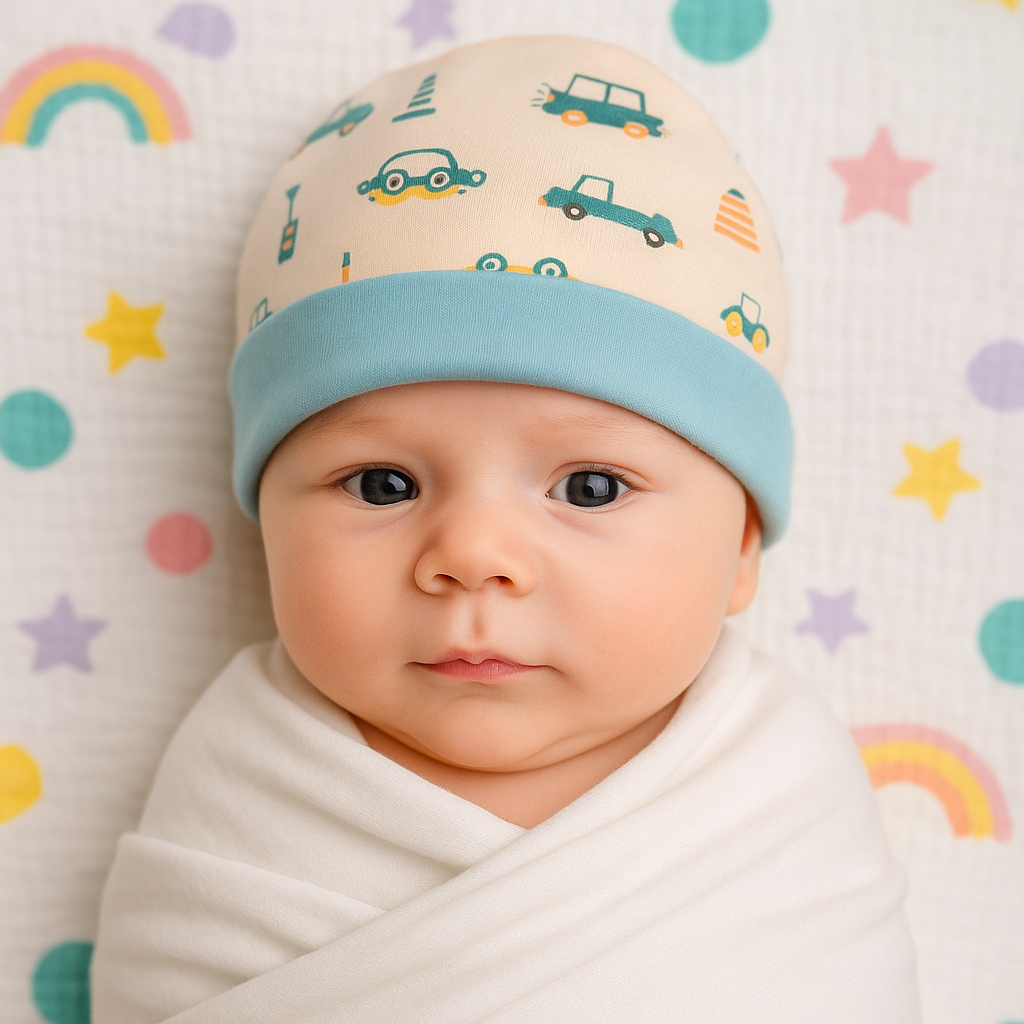 Newborn Cotton Cap – Little Cars Print 🚗✨
