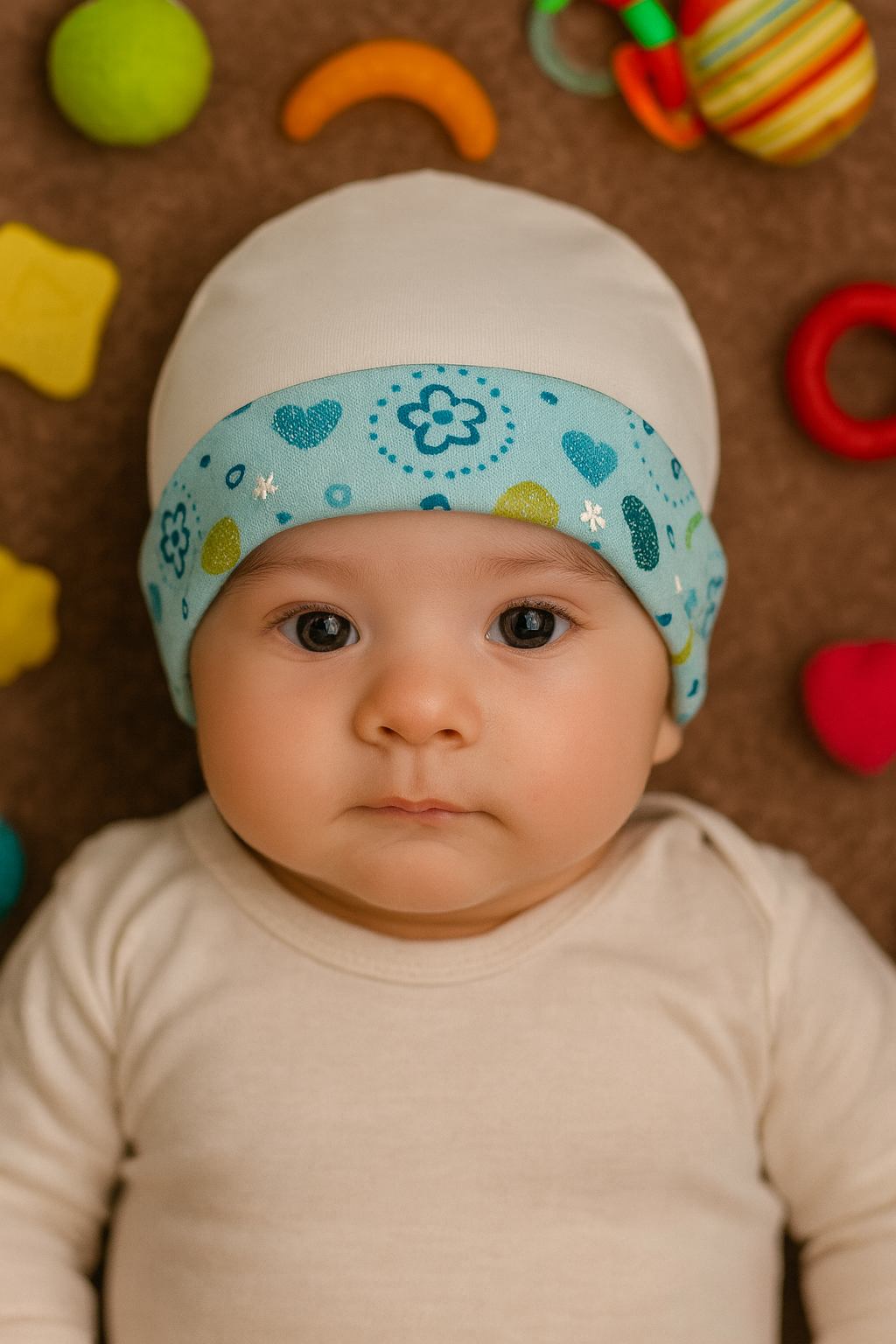 Newborn Cotton Cap – Blue Hearts & Flowers