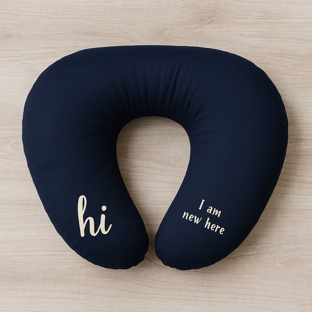 Navy Blue Nursing Pillow – "Hi, I Am New Here"
