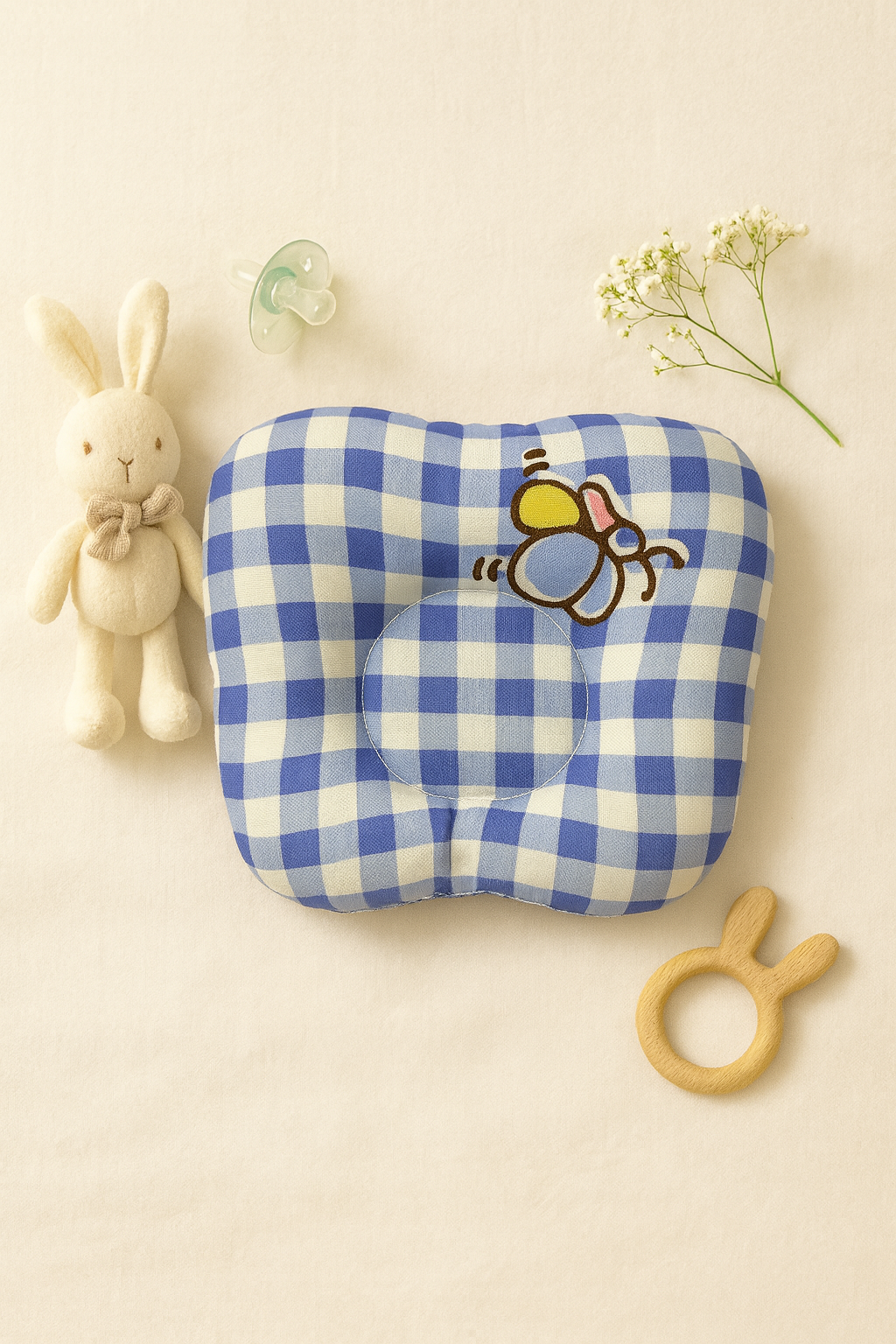 Baby Head Shaping Pillow – Blue Checks with Embroidery