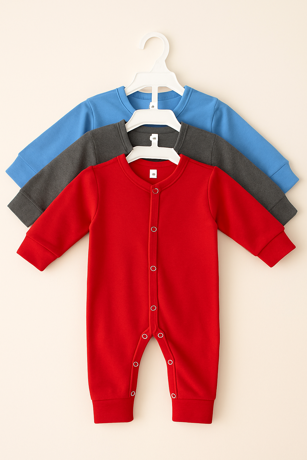 Baby Romper Pack of 3 – Red, Blue & Grey Full Sleeve Jumpsuit