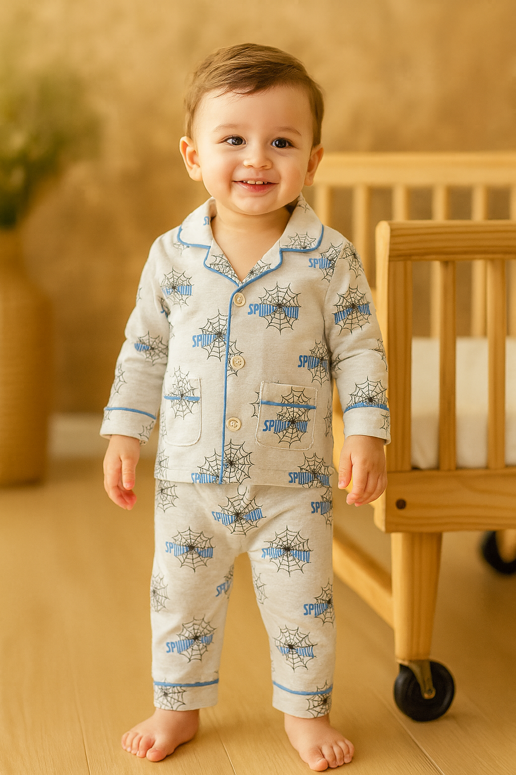 Kids Pajama Night Suit – White with Spider Web Print & Blue Piping
