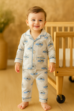 Kids Pajama Night Suit – White with Spider Web Print & Blue Piping