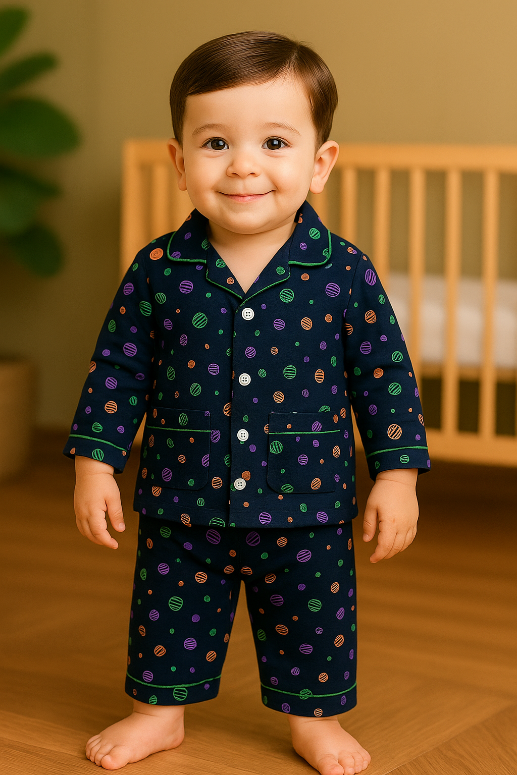 Kids Pajama Night Suit – Navy Blue with Colorful Planet Print