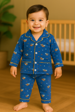 Blue Cartoon Print Baby Boys Cotton Pajama Night Suit