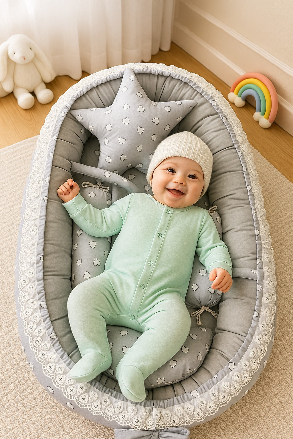 Grey Lace Baby Nest Bed with Pillow – Newborn Lounger