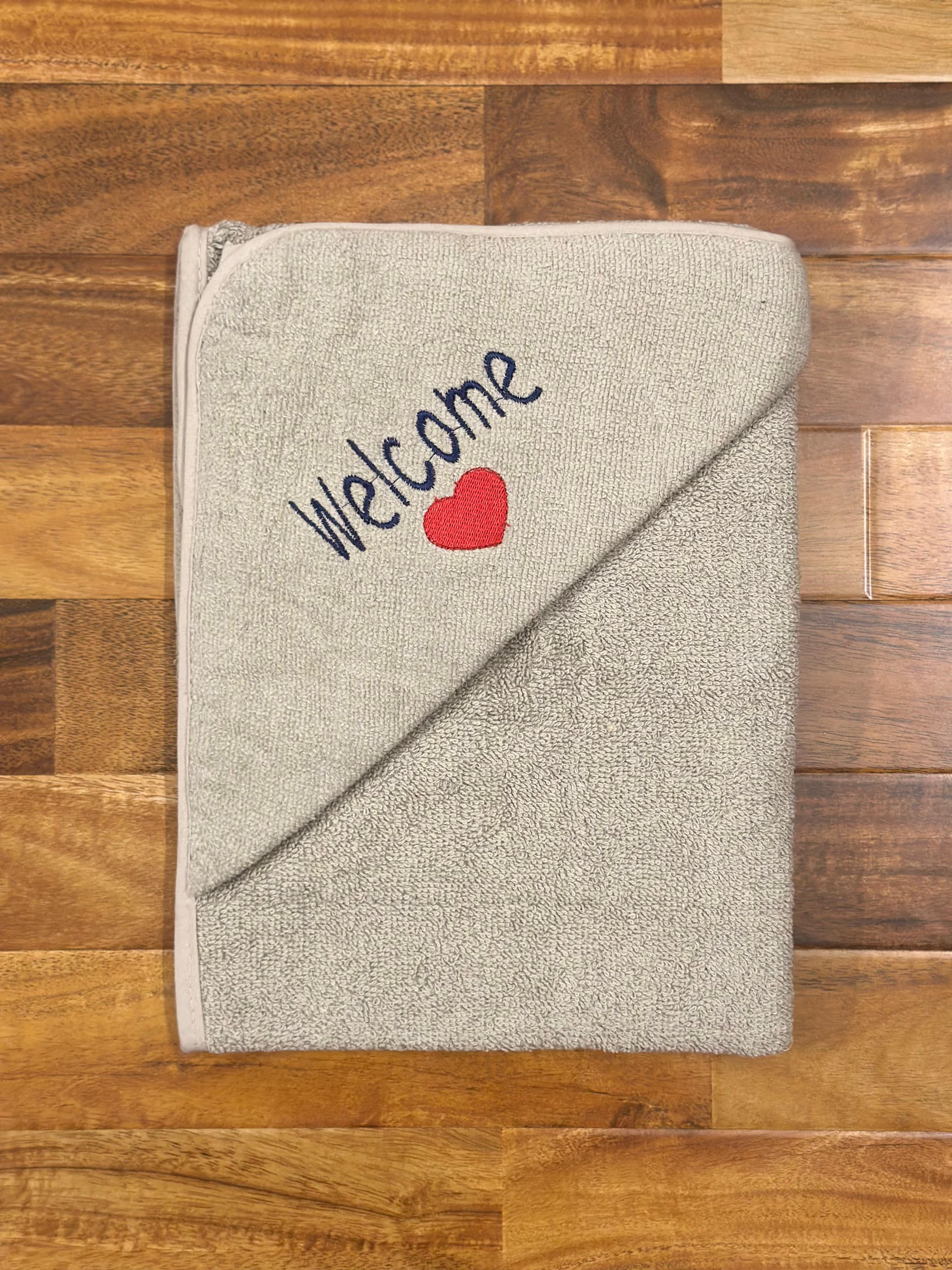 Baby Hooded Bath Towel – “Welcome” Embroidery