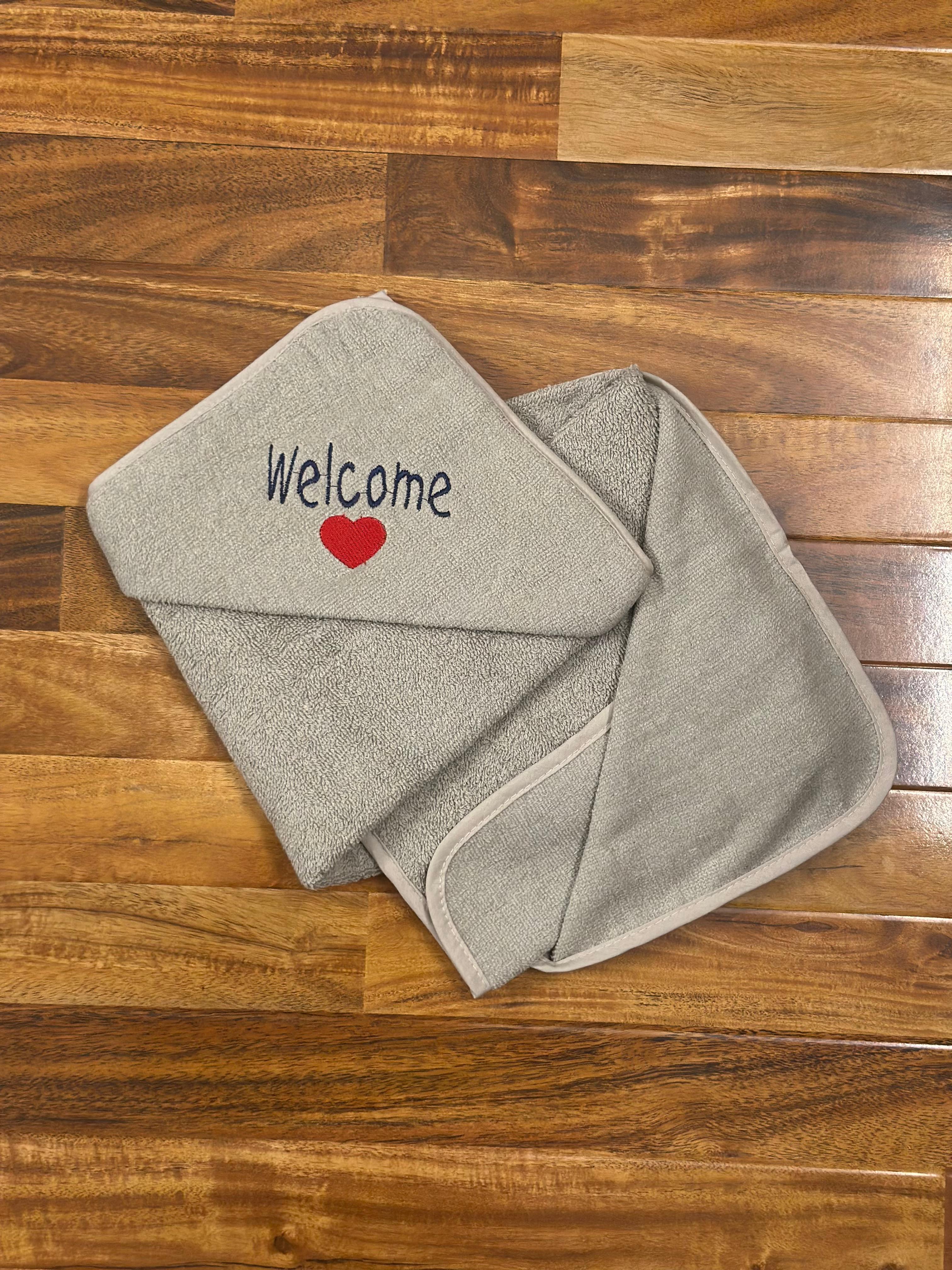 Baby Hooded Bath Towel – “Welcome” Embroidery