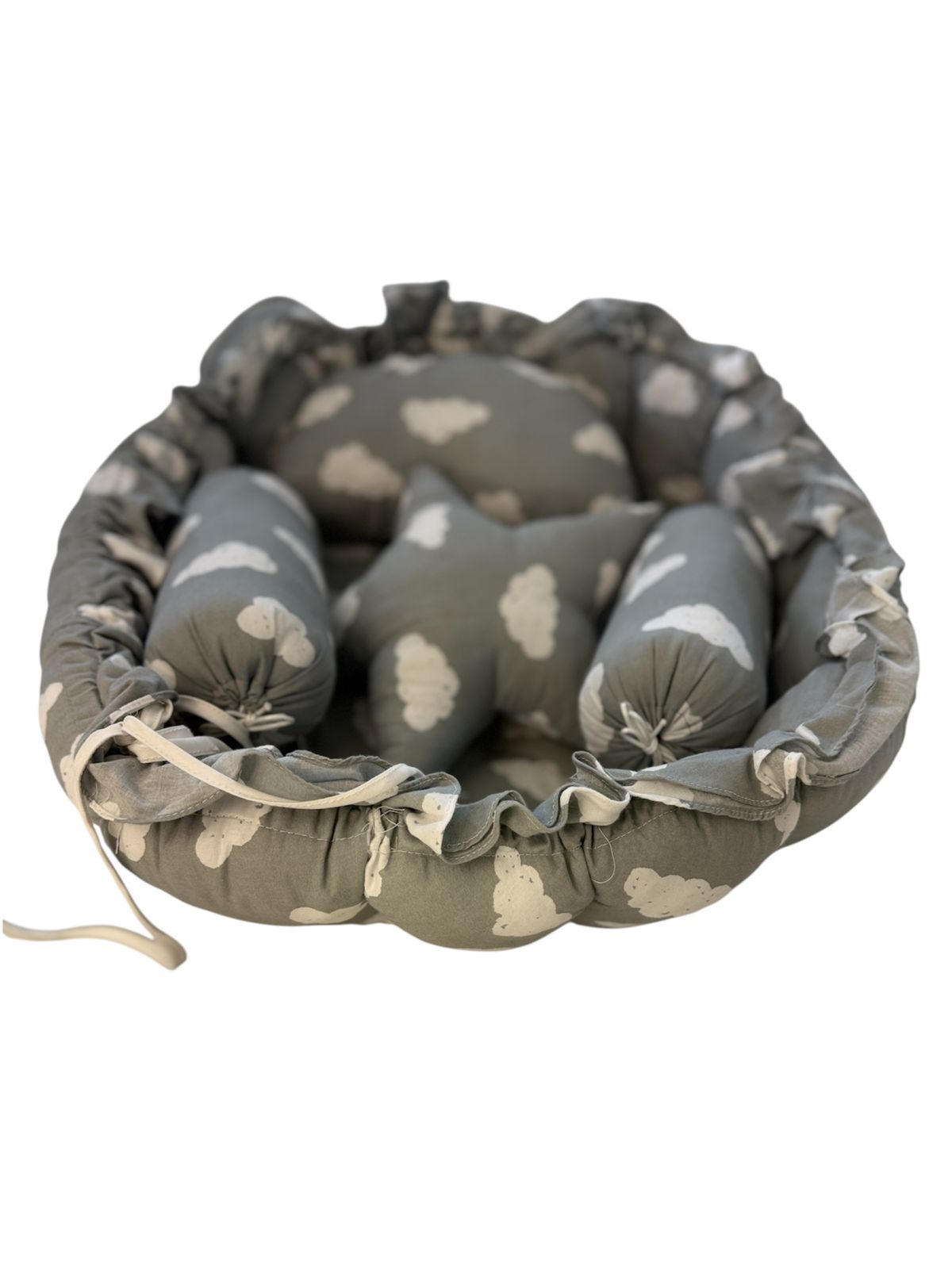 Baby Nest Bed with Pillow & Bolsters – Cloud Print
