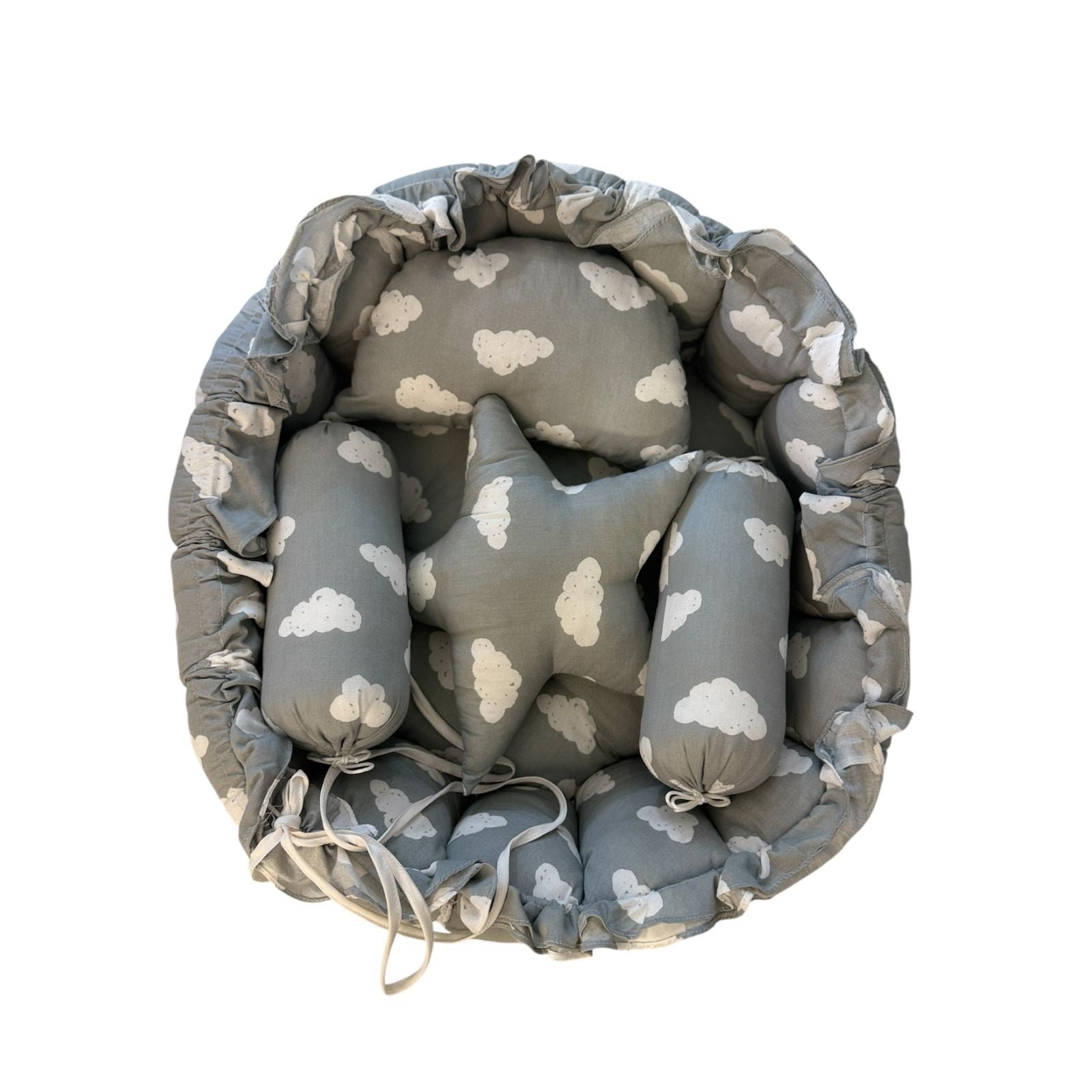 Baby Nest Bed with Pillow & Bolsters – Cloud Print