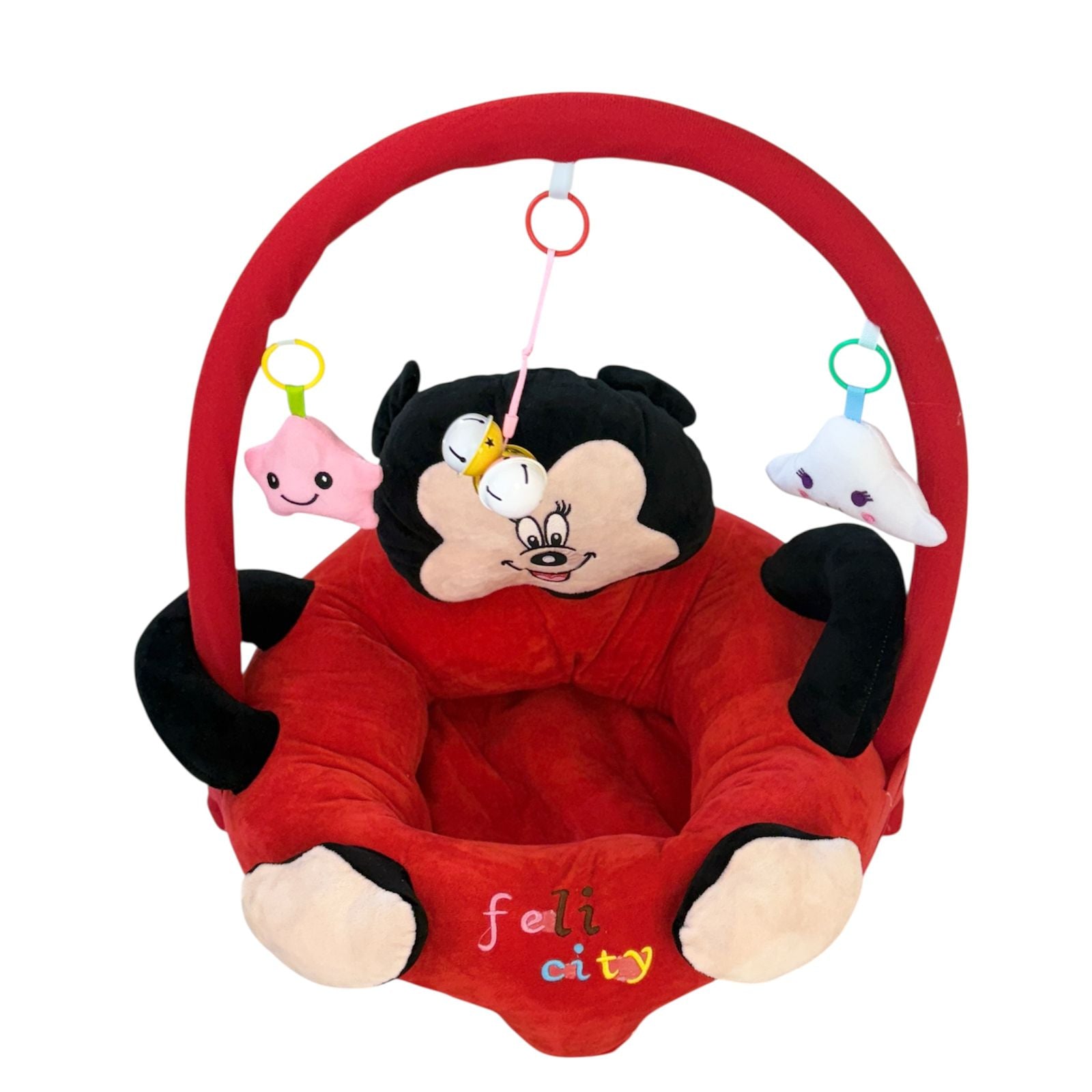 Baby Plush Sitting Chair with Hanging Toys – Red Cartoon Design