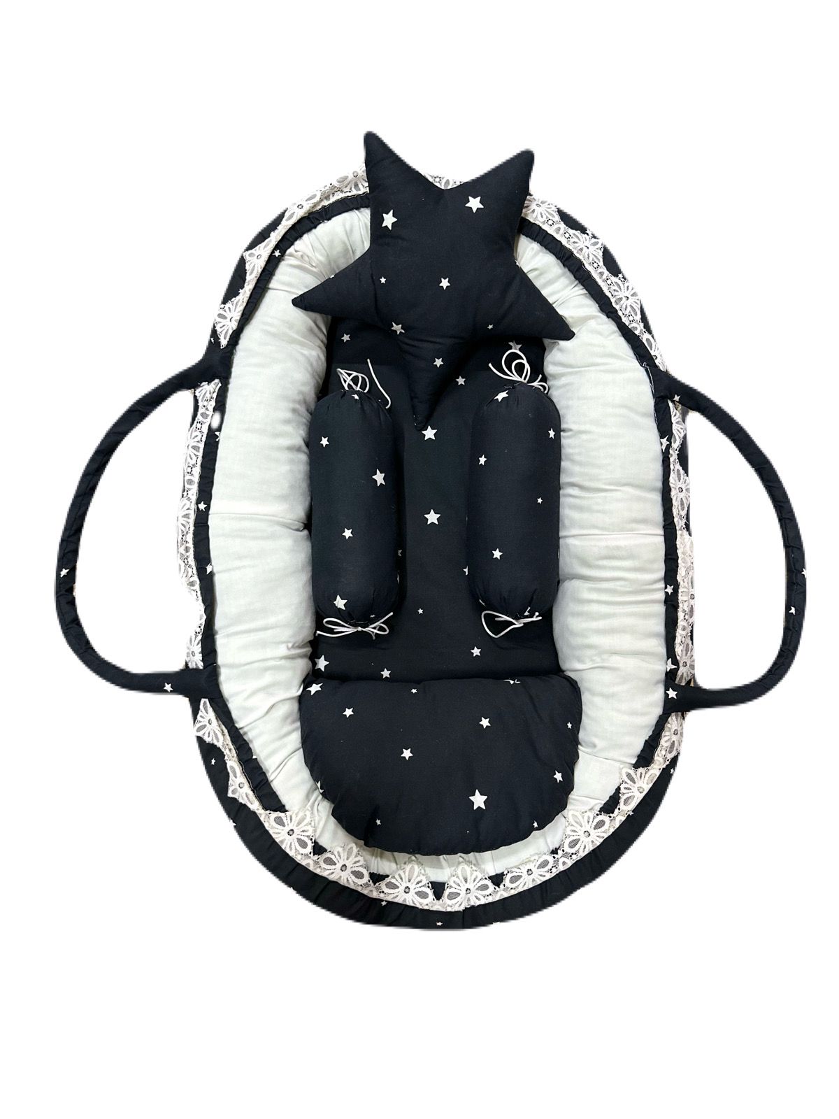 Black Baby Snuggle Bed with Star Pillow & Bolsters – Lace Border