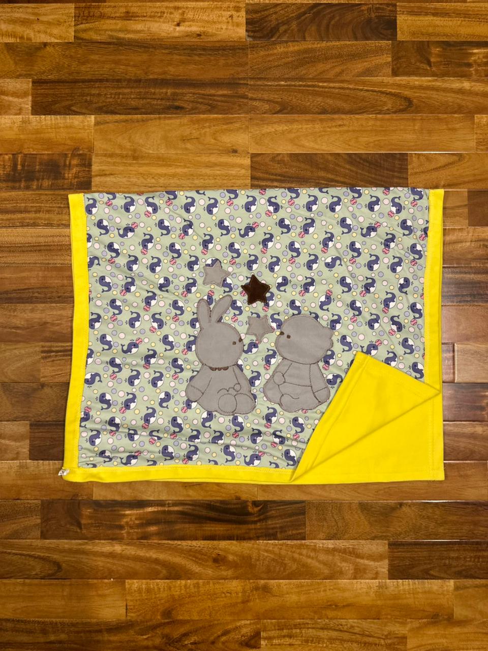 Newborn Velour Blanket – Cozy Yellow Border with Cute Animal Print