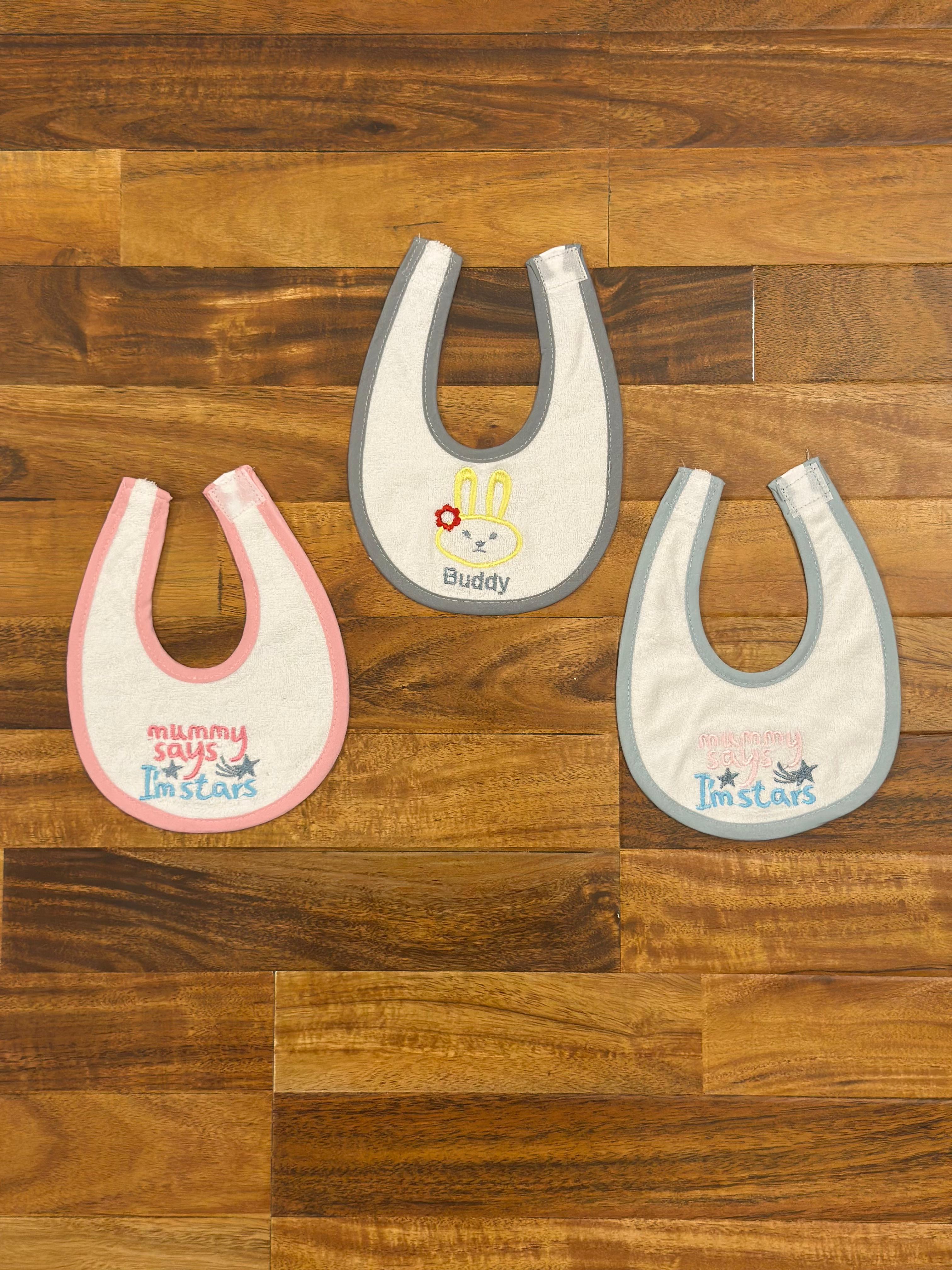 Baby Bibs Stick-On with Embroidery – Set of 3 (Soft & Absorbent)